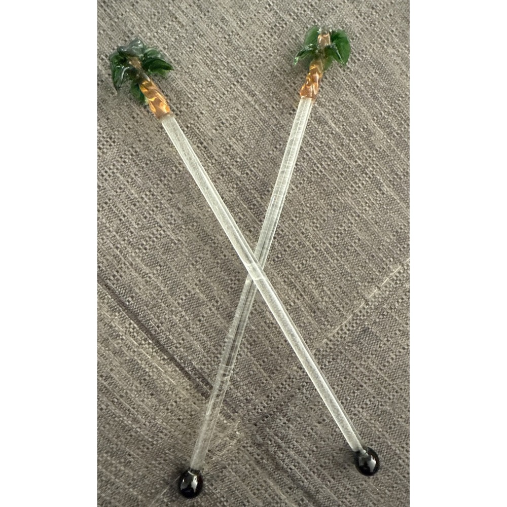 2‎ Glass Highball Drink Swizzle Stick Stirrers With PALM TREE Tops 8 Inches